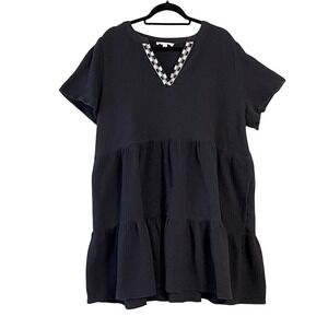Lucky Brand Gauze Tiered Navy Midi Dress Embroidered V-Neck Short Sleeve Pockets